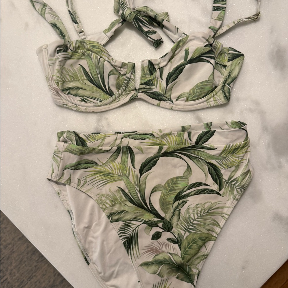 Monday Swimwear Green Leaf Print Bikini Top and High Waist Bottoms